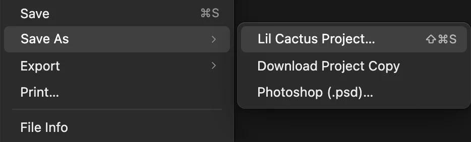 Il menu File con il sottomenu Salva con nome aperto: Progetto Lil Cactus… (cerchiato), Scarica copia del progetto e Photoshop (.psd)…