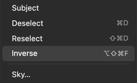 Il menu Selezione aperto con Inversa evidenziato