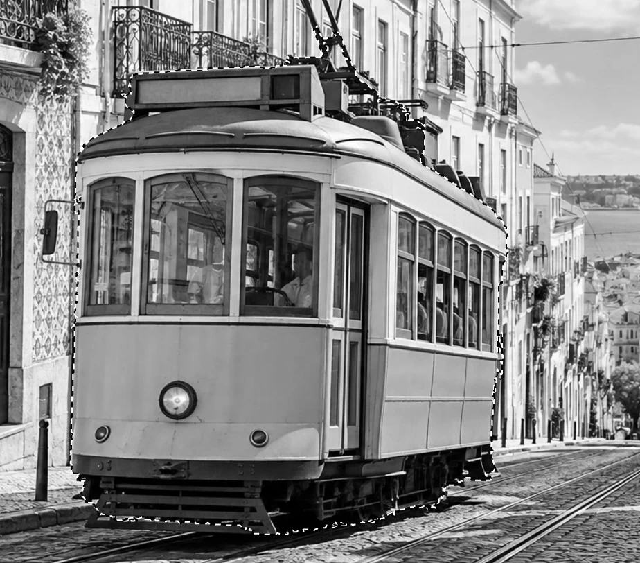 Il tram grigio con una linea di selezione tratteggiata lungo il suo contorno