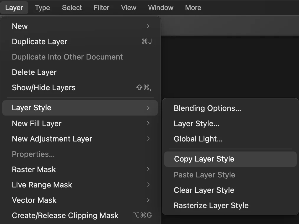 Il menu Livello con Stile livello aperto: Opzioni di fusione, Stile livello, Luce globale, poi Copia stile livello cerchiato, Incolla stile livello, Cancella stile livello e Rasterizza stile livello