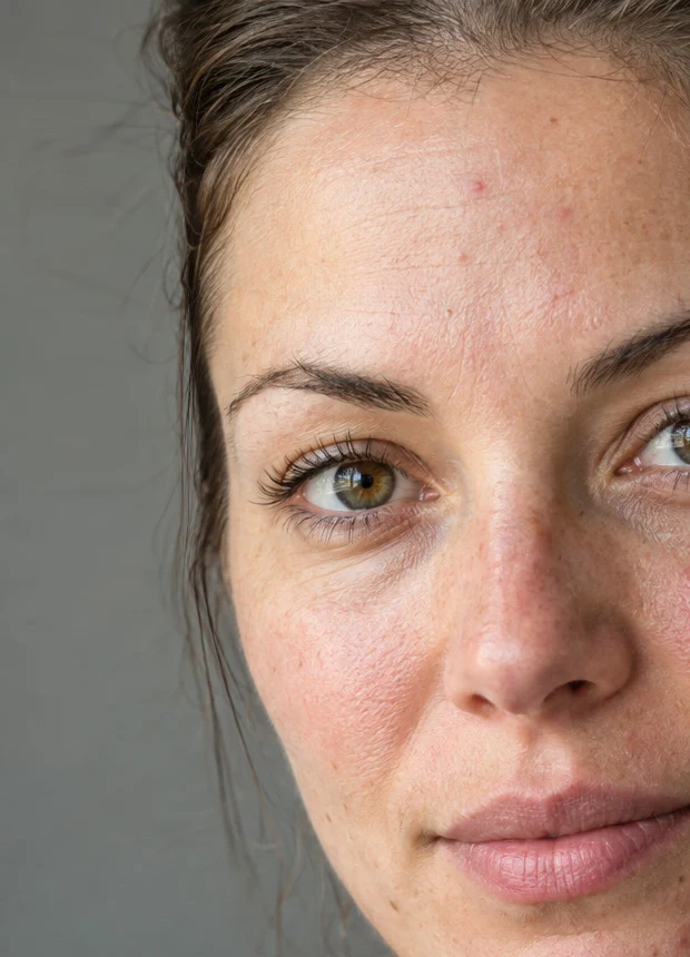Il lato sinistro della testa di una donna su un muro grigio: prima, ciocche sciolte sporgono dai capelli accanto alla fronte, alla tempia e alla guancia; dopo Fluidifica sono più vicine alla testa, mentre il viso e la linea della mascella restano invariati