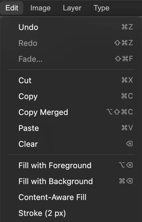 Il menu Modifica con Riempi con colore di primo piano e Traccia 2 px cerchiati, e tra loro Riempi con colore di sfondo e Riempimento in base al contenuto