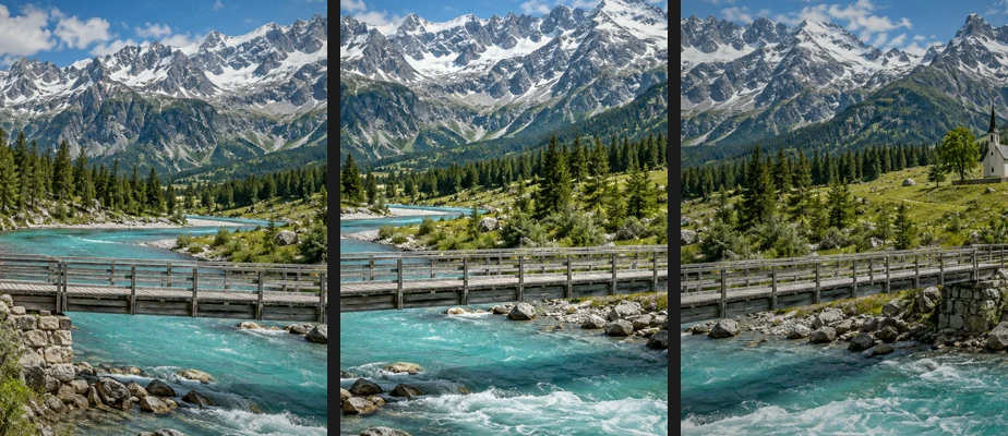 Tre foto verticali di una valle alpina affiancate: quella a sinistra con l’ansa del fiume e un muro di pietra, quella centrale con la passerella, quella a destra con la cappella, ciascuna con una parte in comune con la vicina e il corrimano della passerella con un’angolazione leggermente diversa in ognuna