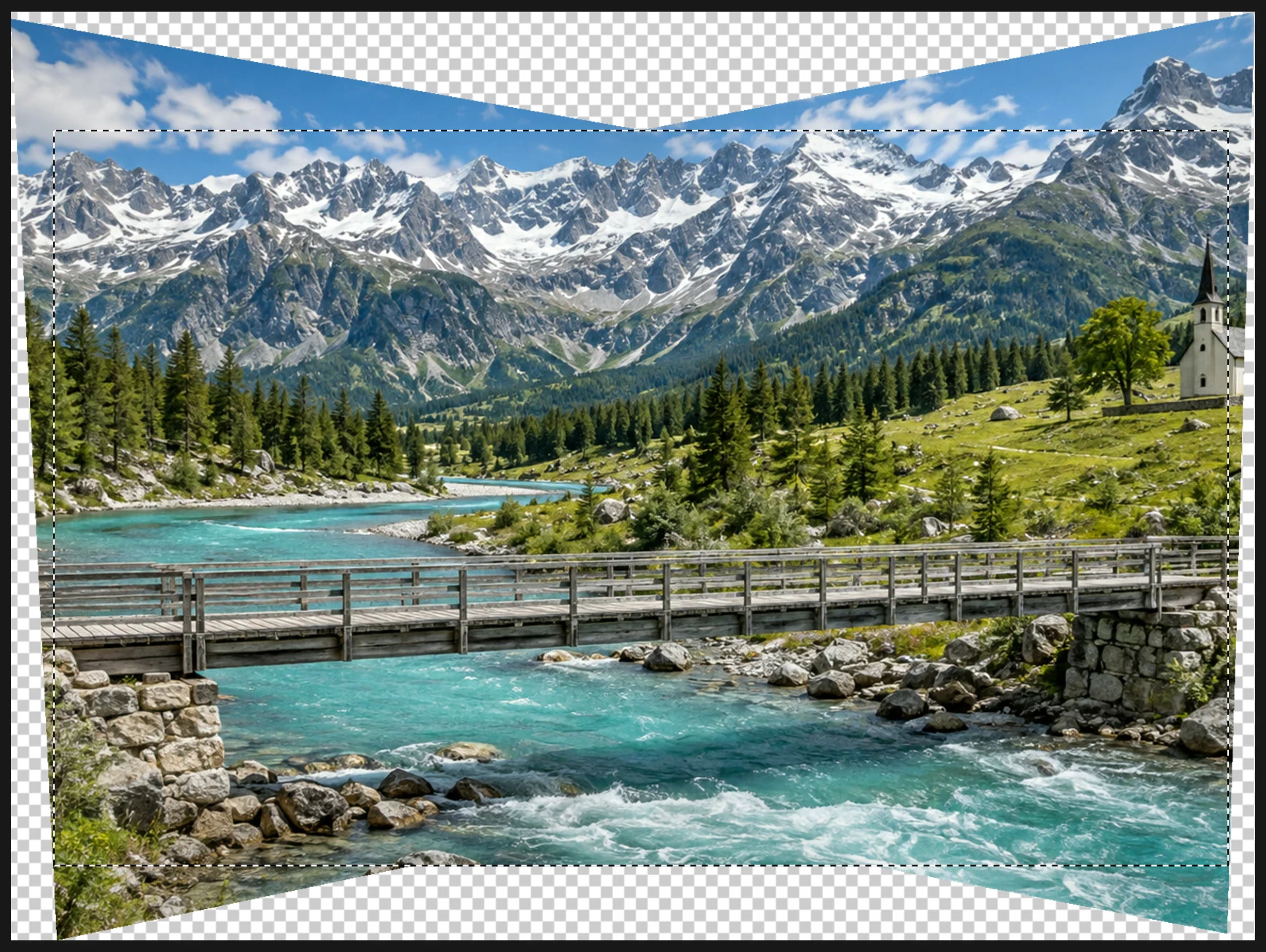 Il panorama fuso a forma di farfallino sul quadro, con cunei trasparenti lungo i bordi superiore e inferiore e un rettangolo di selezione tratteggiato appena all’interno