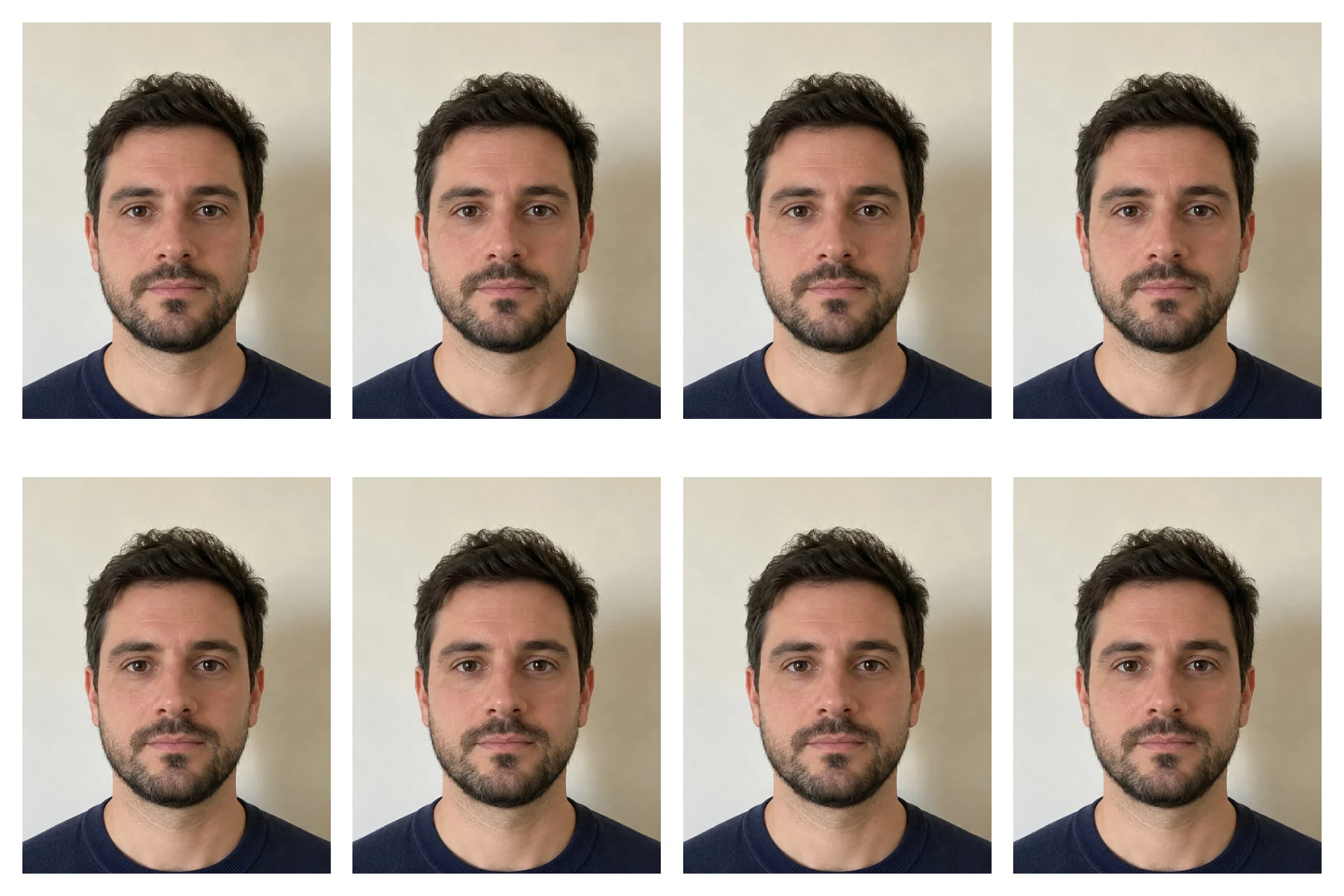 Un foglio di stampa da 6 × 4 pollici con otto fototessere identiche dell’uomo su due file da quattro, con margini e spazi bianchi