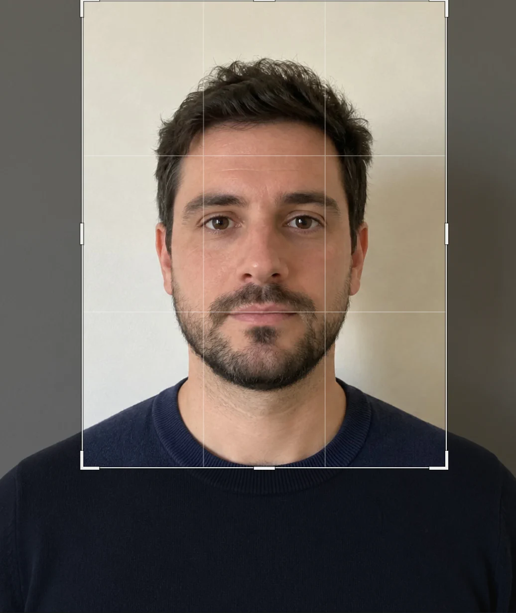 La foto con un riquadro di ritaglio verticale attorno a testa e spalle dell’uomo, il resto ombreggiato e una griglia dei terzi all’interno del riquadro