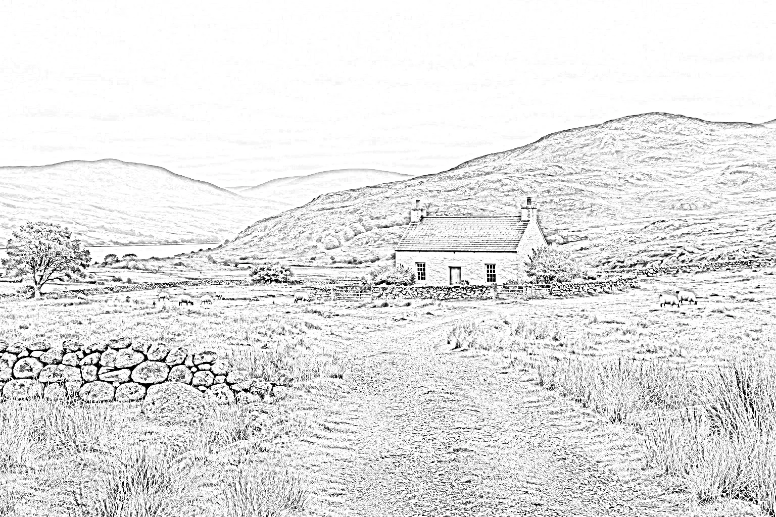 Una fotografia a colori di un cottage, colline, pecore e un muretto di pietra, confrontata con un disegno a matita in scala di grigio della stessa scena