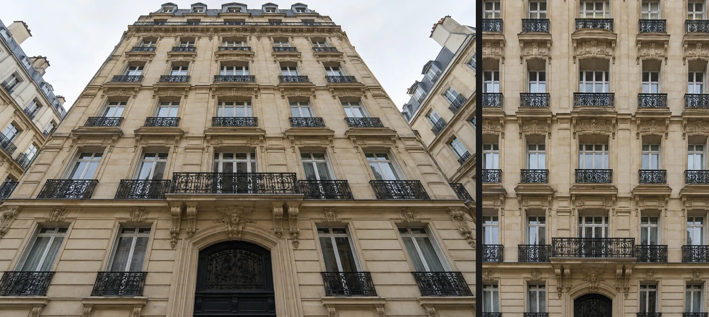 A sinistra: un condominio in pietra fotografato dalla strada, inclinato all’indietro con i lati che convergono verso l’alto. A destra: la facciata dopo un Ritaglio prospettiva, con colonne di finestre dritte e parallele e piani orizzontali