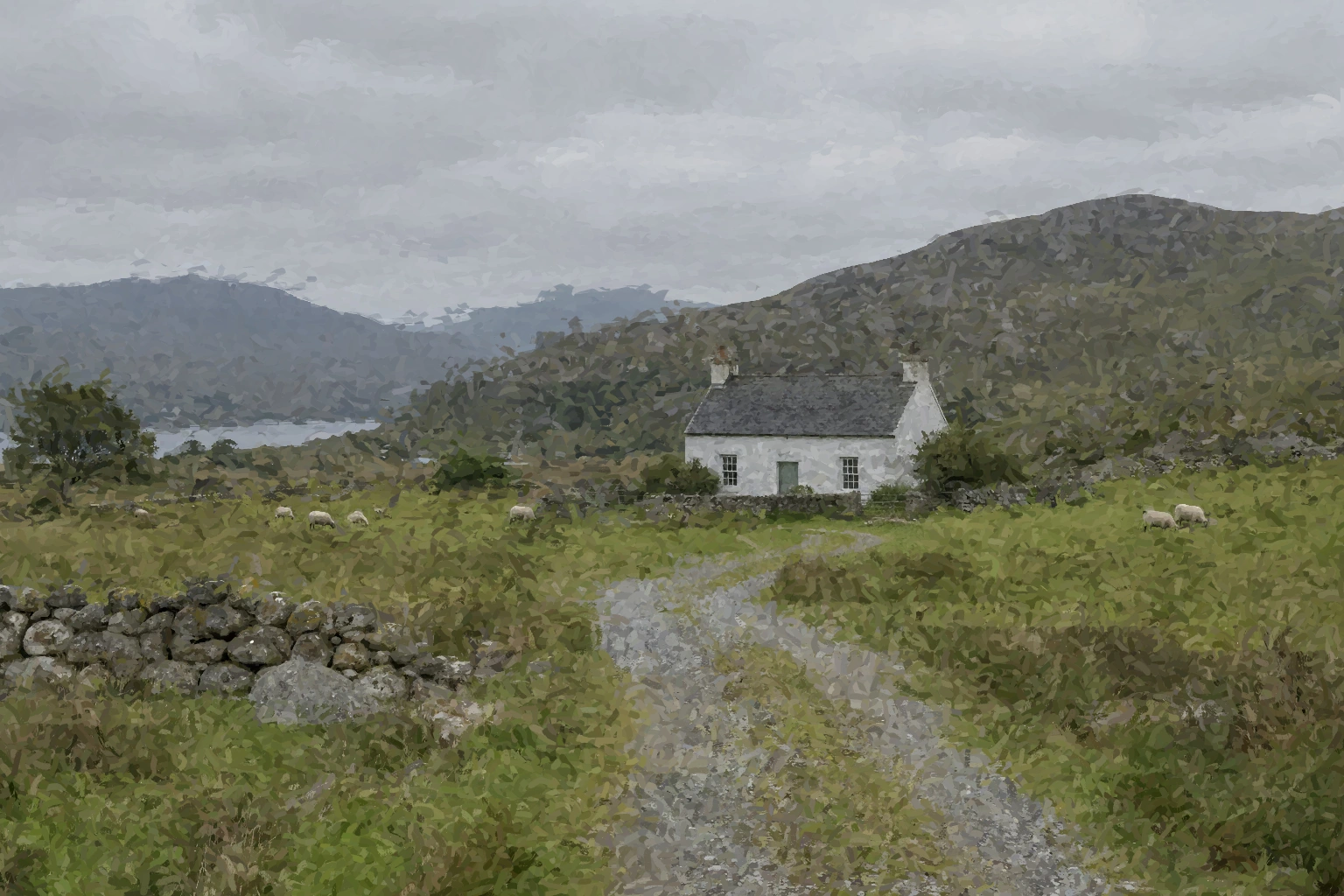 Un paesaggio con un cottage prima e dopo una passata pittorica ampia e pennellate più piccole che definiscono tetto, finestre, porta, pecore, muretto e sentiero tortuoso