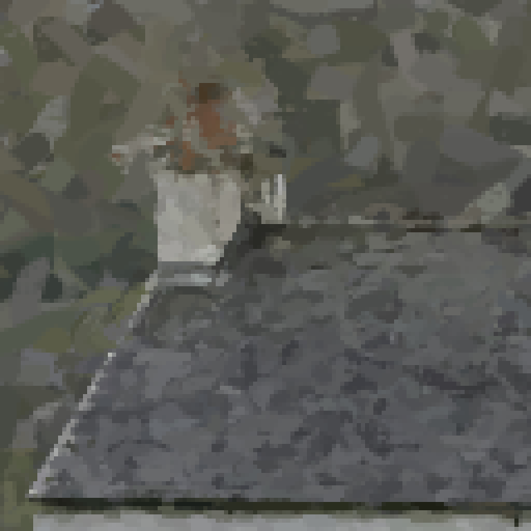 Il comignolo sinistro del cottage e il bordo inclinato del tetto dopo le piccole pennellate
