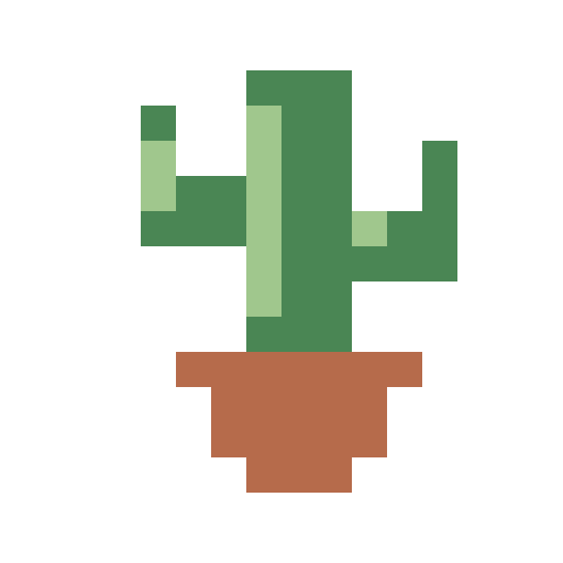 Un cactus in pixel a tre colori ingrandito da 16 per 16 a 512 per 512 pixel, che confronta i bordi morbidi di Bilineare con i bordi netti di Vicina più prossima
