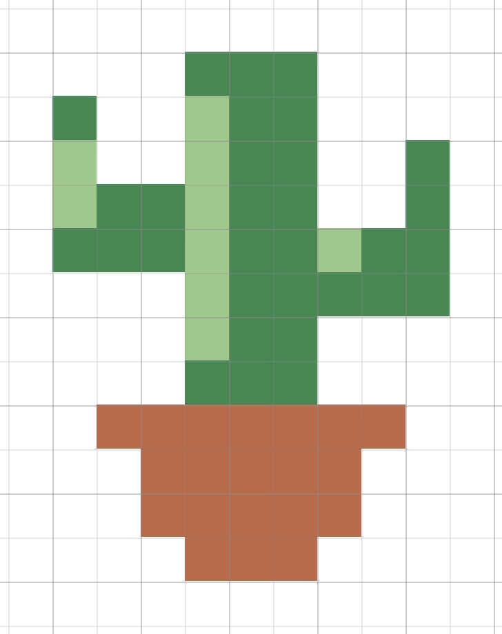 Una vista della griglia più ravvicinata del cactus in pixel finito, con bracci verdi, segni verde chiaro e un vaso color terracotta