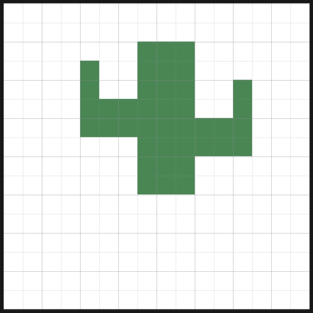 La griglia da un pixel con il fusto verde del cactus e i due bracci alzati, prima del vaso e delle luci