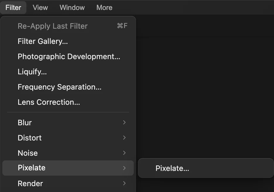 Il menu Filtro con il sottomenu Effetto pixel aperto ed Effetto pixel… cerchiato