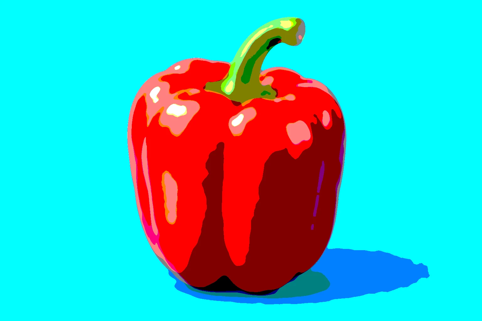Un peperone rosso su fondo ciano prima e dopo l’ammorbidimento e Posterizza, con ampi lobi rossi, luci chiare e un picciolo verde
