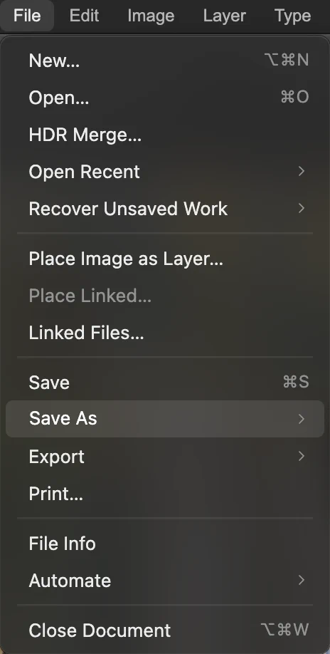 Il menu File con Salva con nome evidenziato