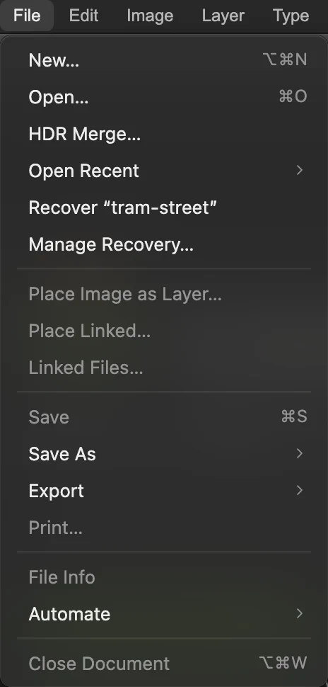 Il menu File con Recupera “tram-street” evidenziato