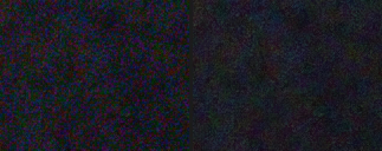 Due viste ingrandite del cielo notturno: puntini rossi, verdi e blu quando si riduce solo la grana, colore calmo e uniforme con Riduci disturbo colore al 100%