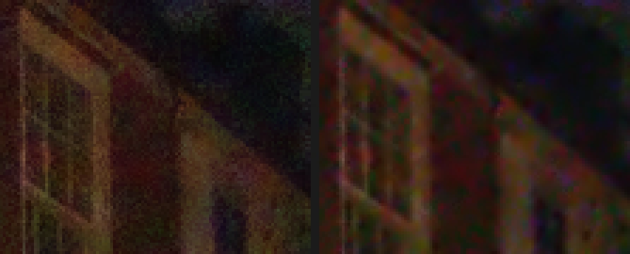 Due viste ingrandite del telaio di una finestra e del muro di mattoni accanto: grana fine e sbarre nitide dopo Riduci disturbo, grana più liscia ma sbarre più morbide e macchie colorate sul muro dopo Riduzione disturbo wavelet