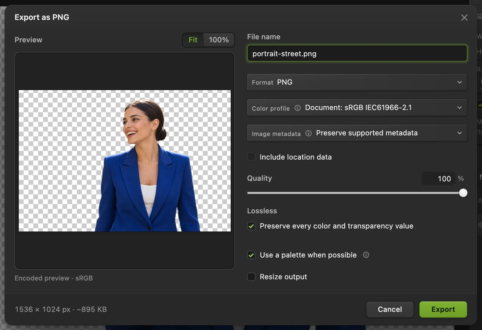 Finestra di esportazione PNG con il formato impostato su PNG e l’opzione Mantieni ogni valore di colore e di trasparenza selezionata