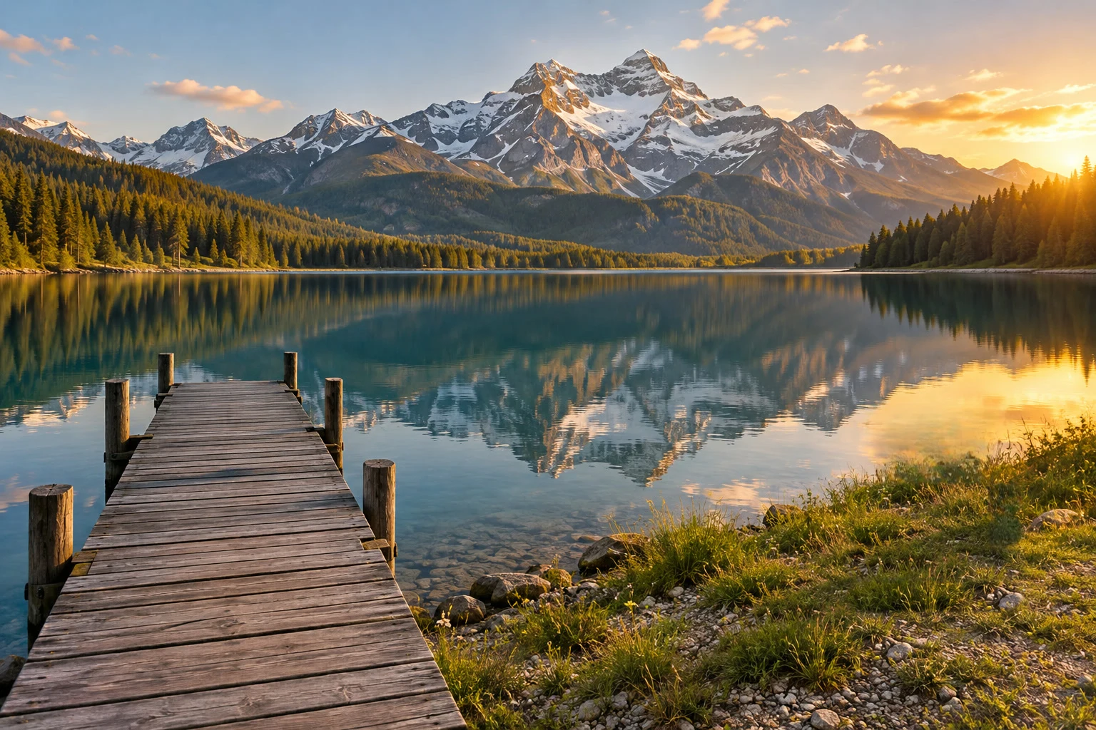 Un lago di montagna al tramonto con un cono stradale arancione sul pontile di legno e un bidone grigio con le ruote sulla riva erbosa, e la stessa foto senza entrambi
