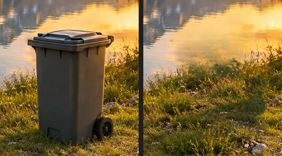 Il bidone sull’erba vicino all’acqua e lo stesso punto dopo la riparazione e il ritocco con il Timbro clone: erba con fili e texture dove c’era il bidone