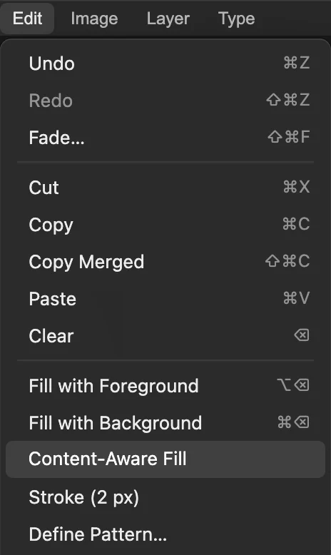 Il menu Modifica con Riempimento in base al contenuto evidenziato