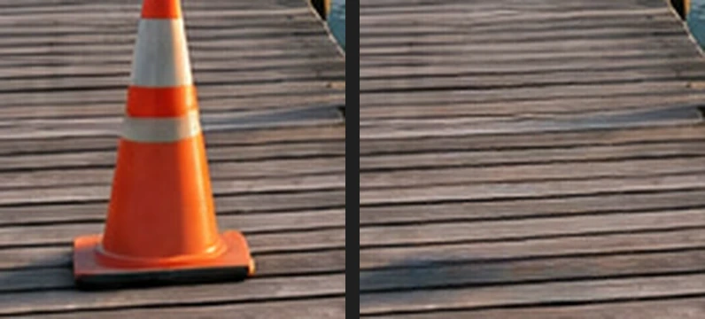 Il pontile con il cono e lo stesso punto dopo la riparazione, con le assi che continuano