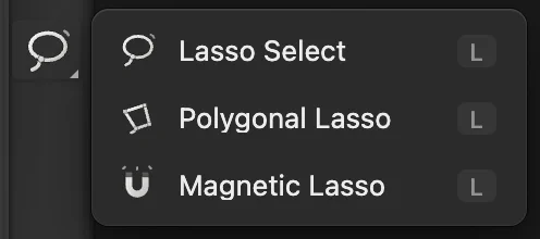 Il menu degli strumenti lazo accanto alla barra degli strumenti: Lazo, Lazo poligonale (cerchiato) e Lazo magnetico