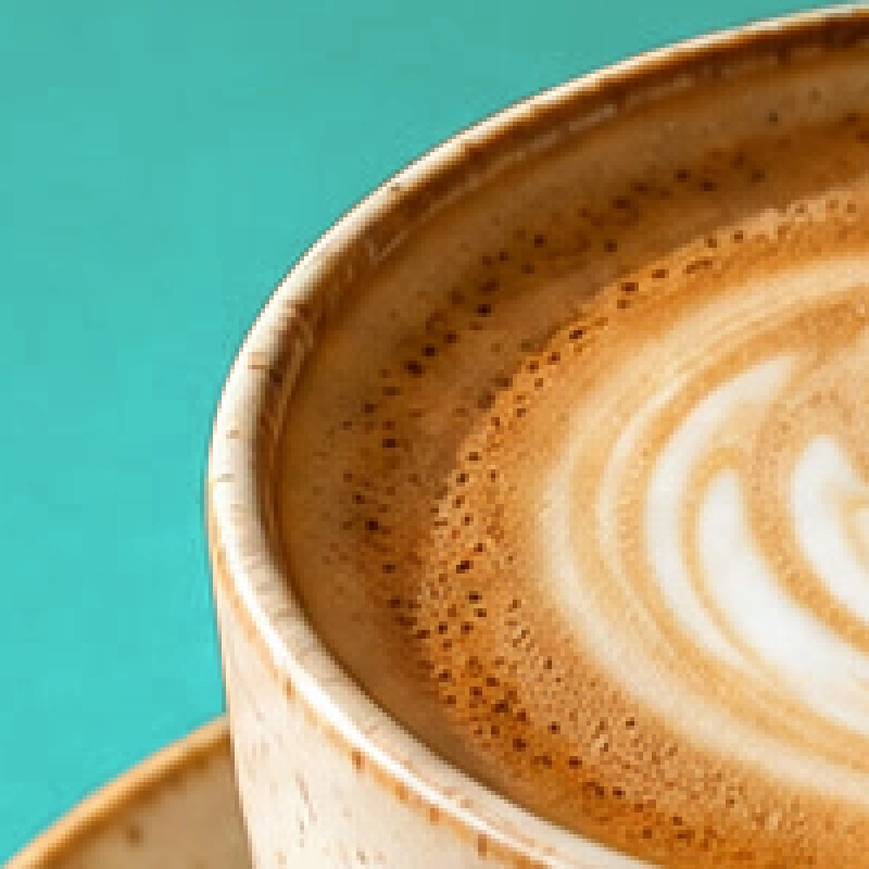 Un primo piano del bordo della tazza contro la carta verde acqua, con il bordo caldo della ceramica e la latte art conservati