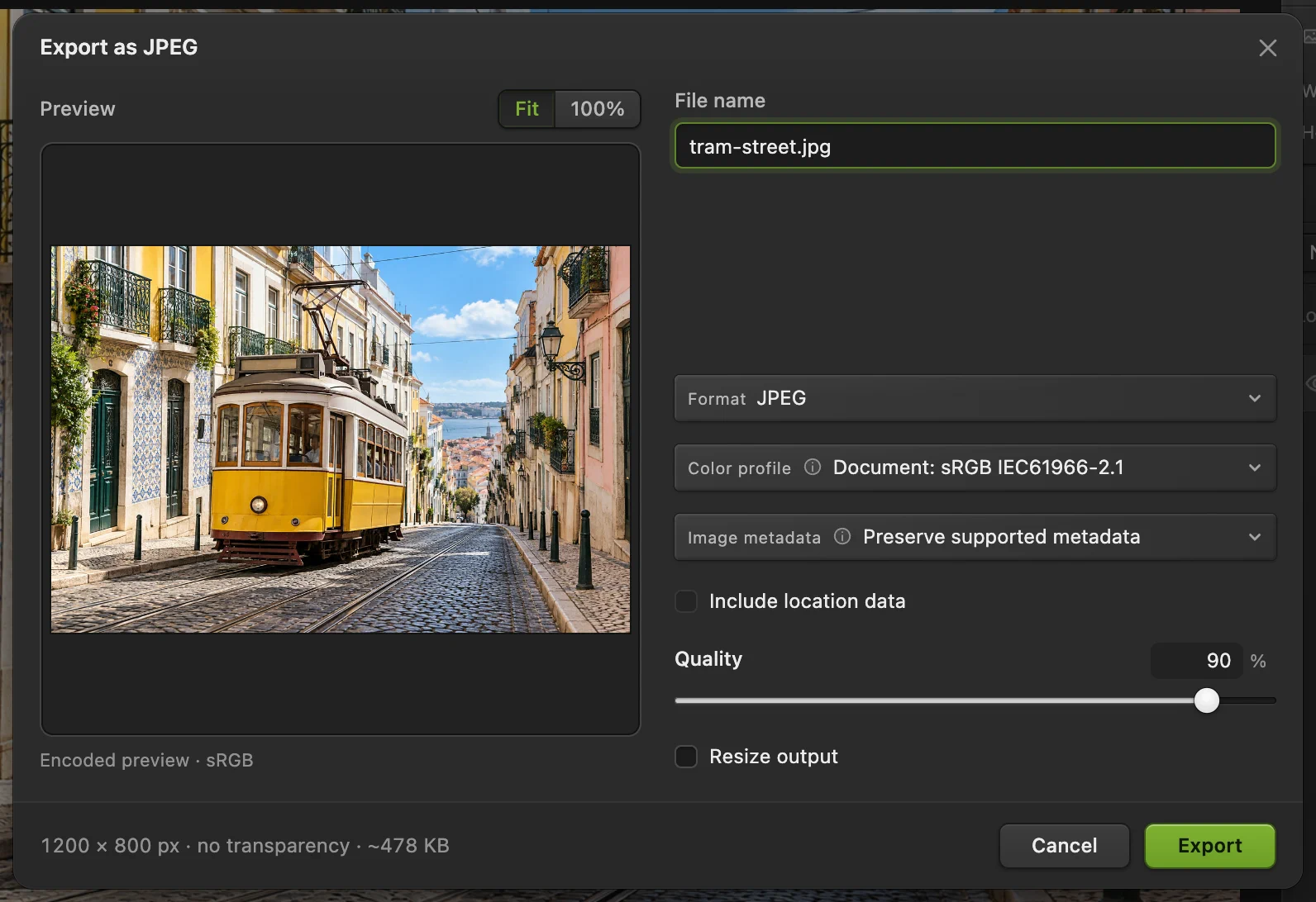 La finestra Esporta come JPEG con qualità 90% e un peso stimato di circa 478 KB a 1200 × 800 pixel