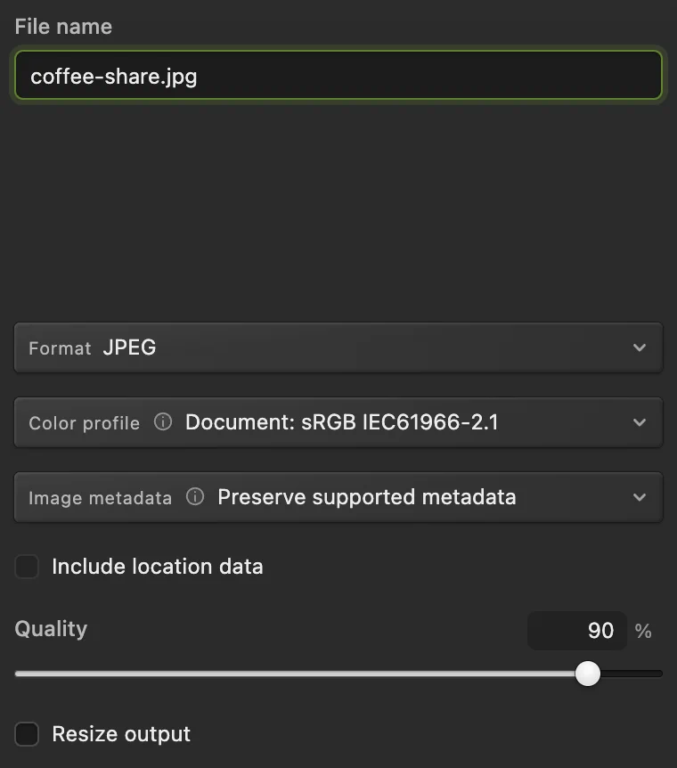 Le impostazioni di esportazione JPEG con coffee-share.jpg e Qualità 90
