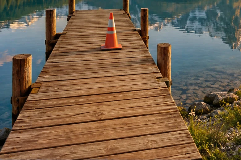 Il pontile prima e dopo: le assi e i pali grigi diventano di un caldo color miele; il cono arancione e l’acqua restano invariati