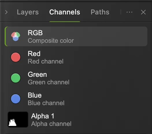 Le schede Livelli, Canali e Tracciati sopra l’elenco Canali: RGB, Rosso, Verde, Blu e, cerchiato, Alfa 1 con la sagoma bianca del pontile sul nero
