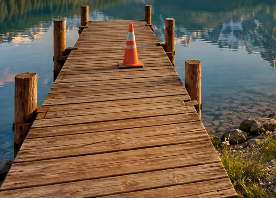Il pontile con assi e pali di un marrone caldo sul blu del lago; il cono arancione conserva il suo colore