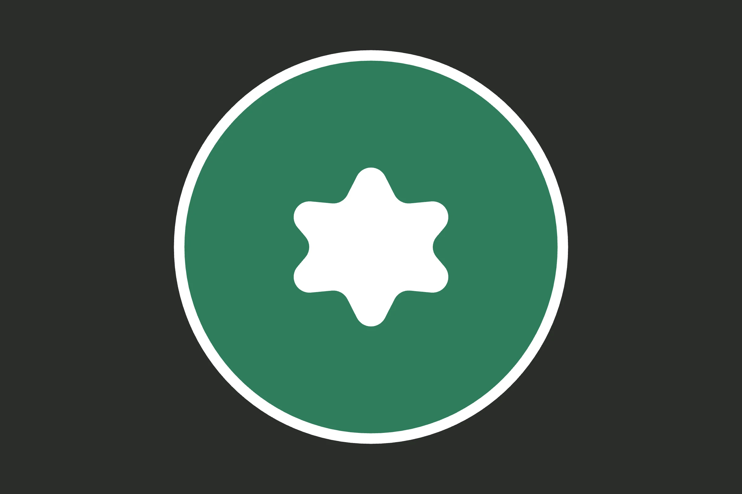 Un badge rotondo verde con un contorno bianco e una stella bianca a sei punte con le punte arrotondate, disegnato dall’SVG esportato