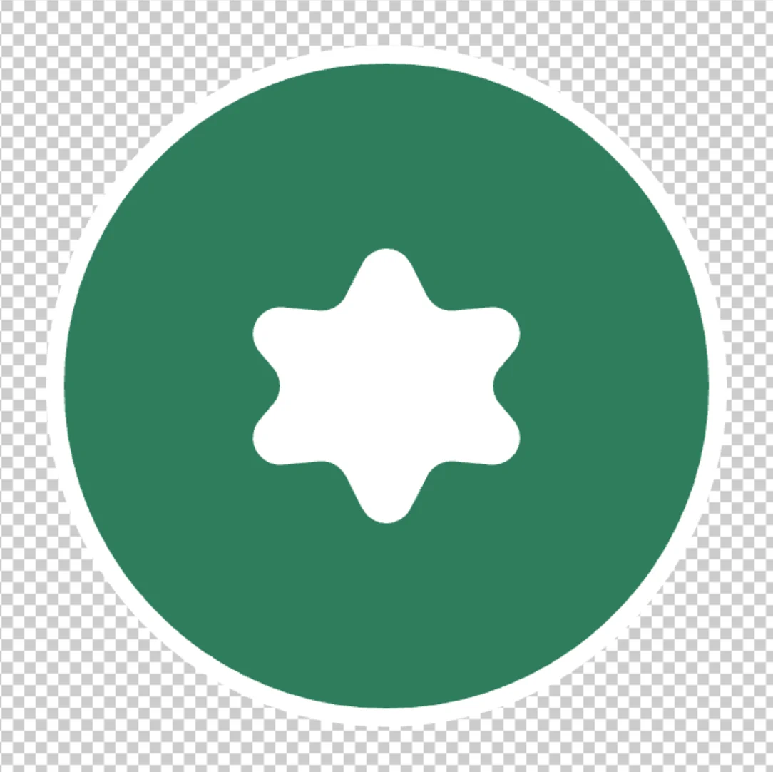 Il badge finito: un cerchio verde con un anello interno bianco e una stella bianca a sei punte, su una scacchiera trasparente