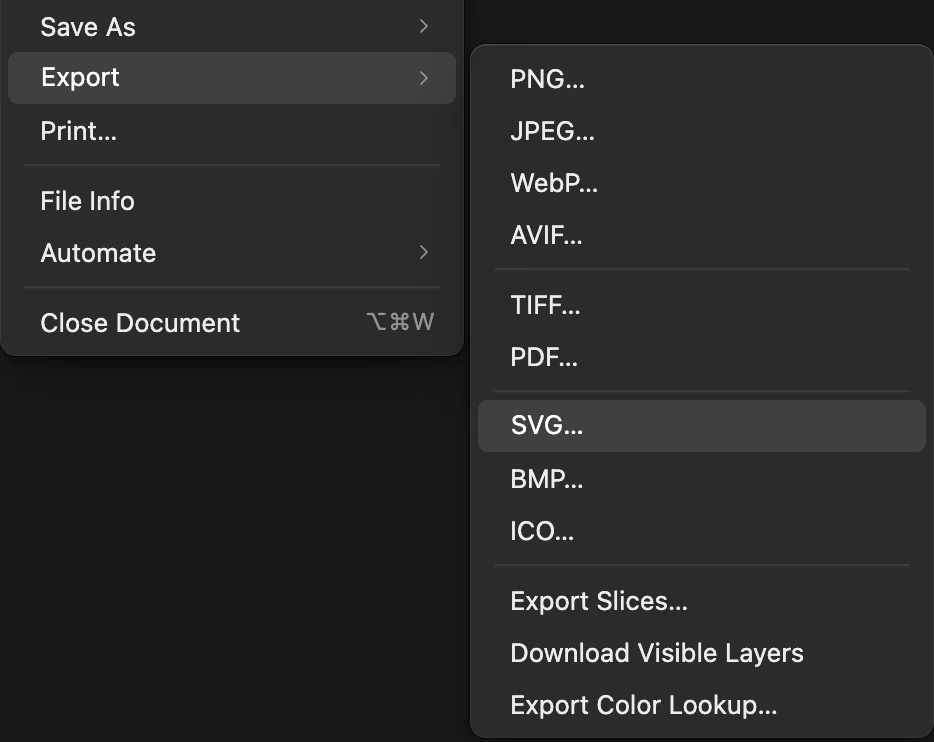 Il menu File con Esporta aperto e SVG… cerchiato tra PNG, JPEG, WebP, AVIF, TIFF, PDF, BMP e ICO