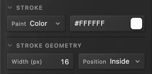 La sezione Traccia: Contenuto Colore, esadecimale #FFFFFF con un campione bianco cerchiato, poi Geometria della traccia con Larghezza 16 px e Posizione Interna