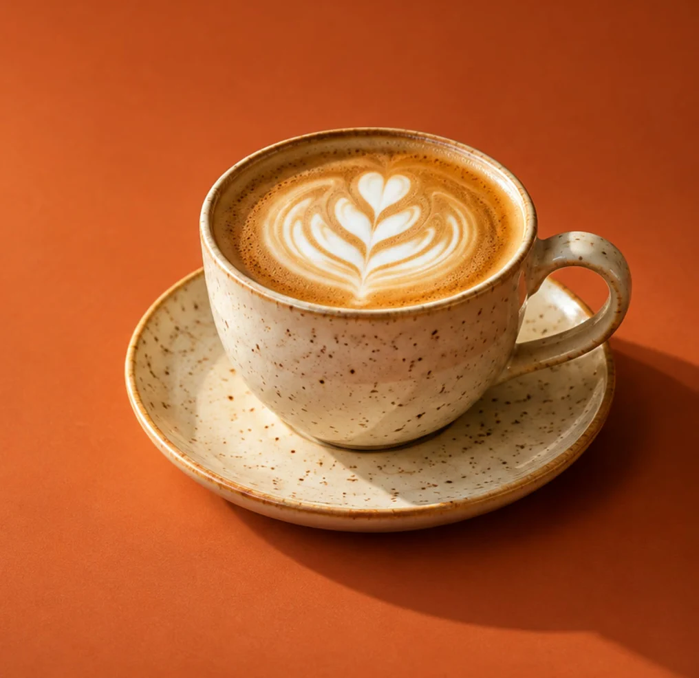 Parte del quadro dopo Sostituisci contenuto: la foto della tazza di caffè su sfondo arancione