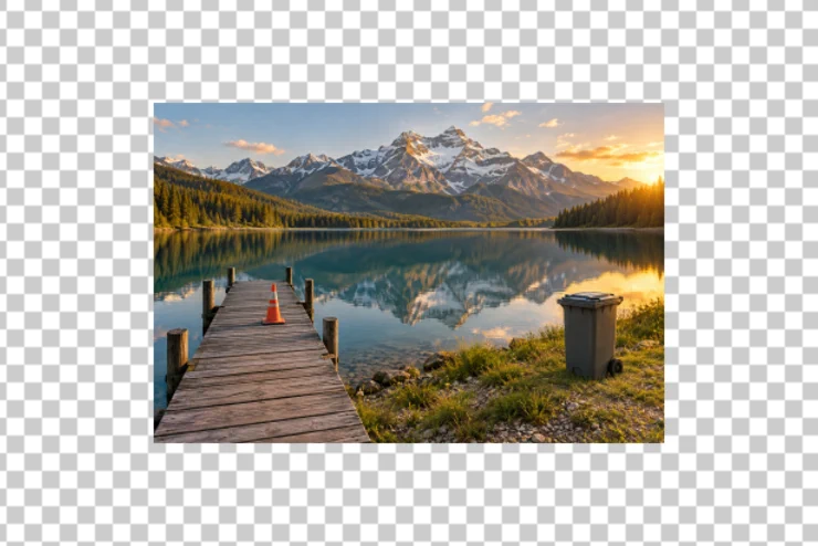 La foto del lago ridotta a un quarto delle dimensioni al centro di un quadro trasparente