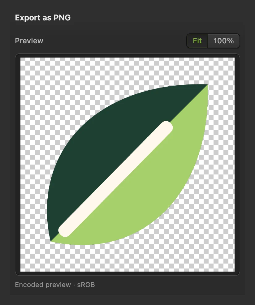 L’anteprima di Esporta come PNG con una foglia verde bicolore con una venatura color crema su una scacchiera trasparente
