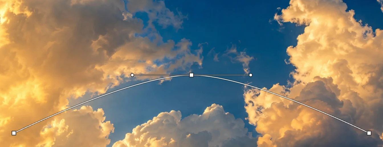 Una sottile linea ad arco nel cielo serale con tre punti quadrati e le due maniglie del punto centrale