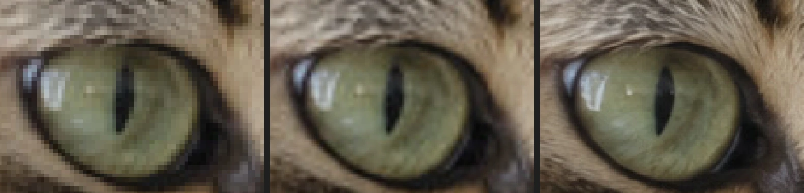 Tre ritagli ingranditi dell’occhio del gatto: quadrati evidenti a sinistra, un occhio morbido ma un po’ sfocato al centro e un occhio più nitido con il pelo fine a destra