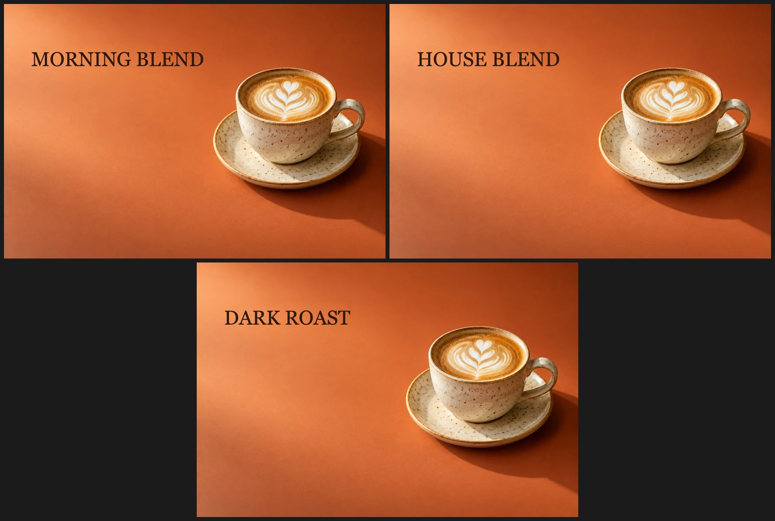 Tre poster per un caffè esportati, con i titoli MORNING BLEND, HOUSE BLEND e DARK ROAST