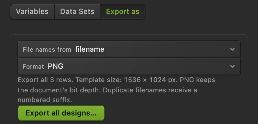 La scheda Esporta come con Nomi dei file da impostato su filename, formato PNG ed Esporta tutti i design cerchiato