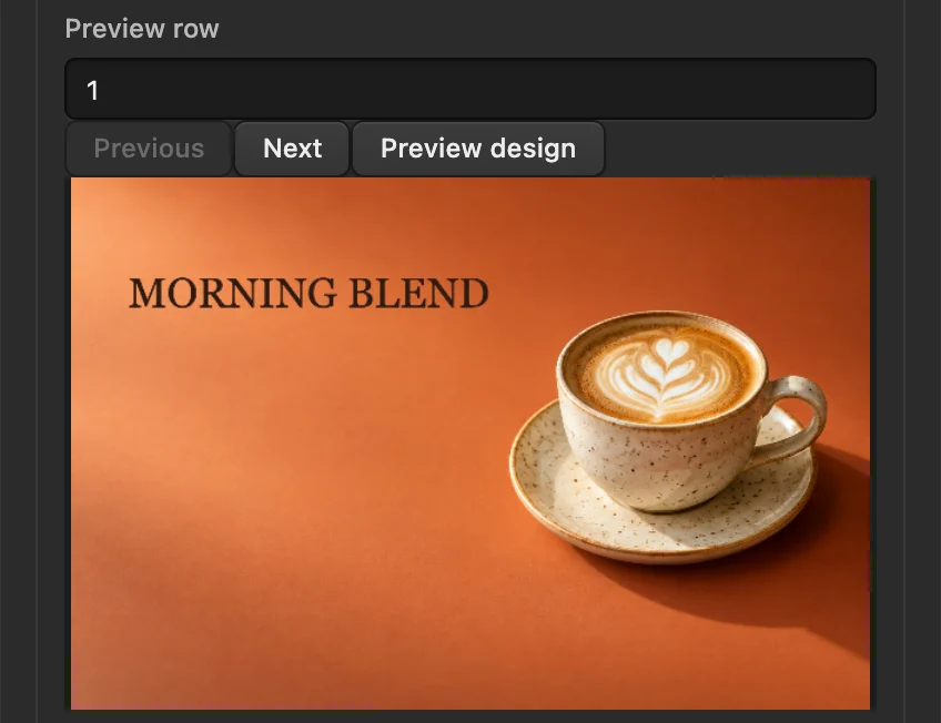 La barra di anteprima delle righe, con Successivo e Anteprima del design cerchiati, sopra l’anteprima del poster MORNING BLEND