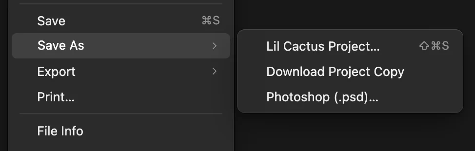 Il menu File e il sottomenu Salva con nome con Progetto Lil Cactus evidenziato