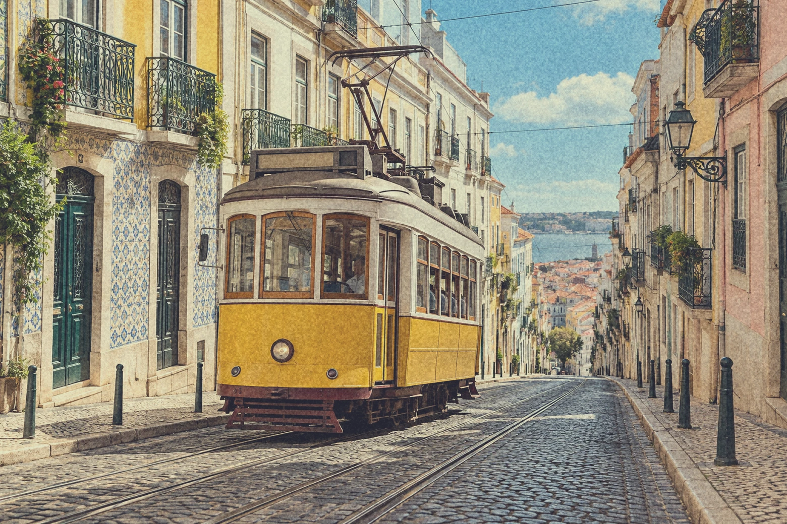 Una foto di un tram nitida e colorata prima e dopo: grana visibile, toni scuri sbiaditi e pareti chiare più calde le danno un aspetto vintage