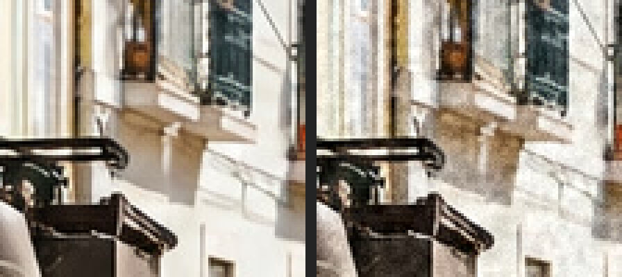 Due ritagli ravvicinati corrispondenti di una facciata chiara e di un balcone scuro: senza grana a sinistra e con grana monocromatica a destra